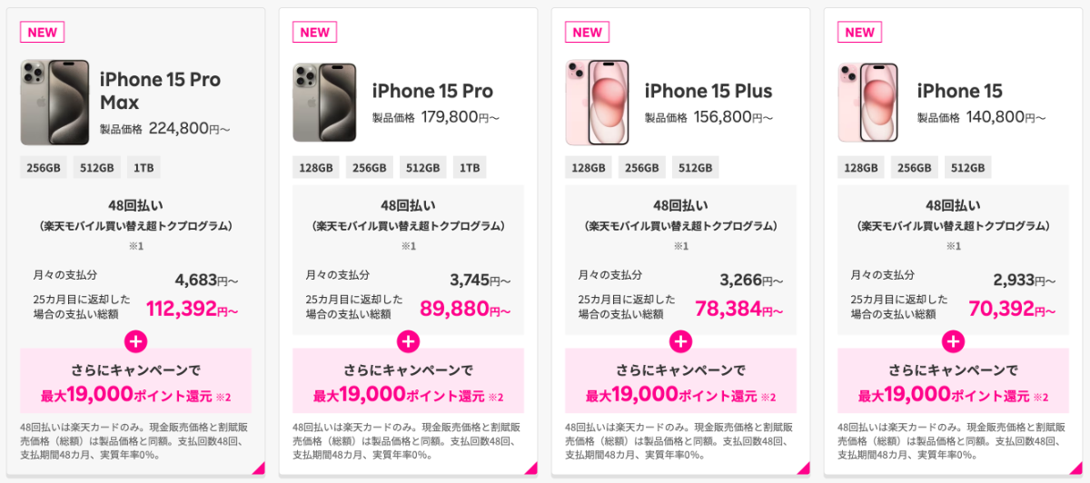 楽天モバイルのiPhone15価格