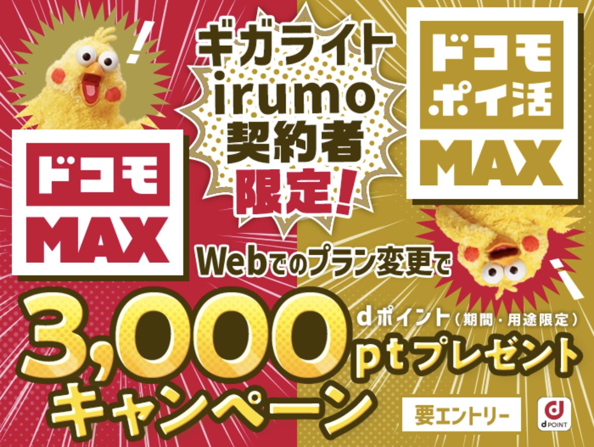ギガライト・irumo契約者限定！Webでのプラン変更で3,000ポイントプレゼント